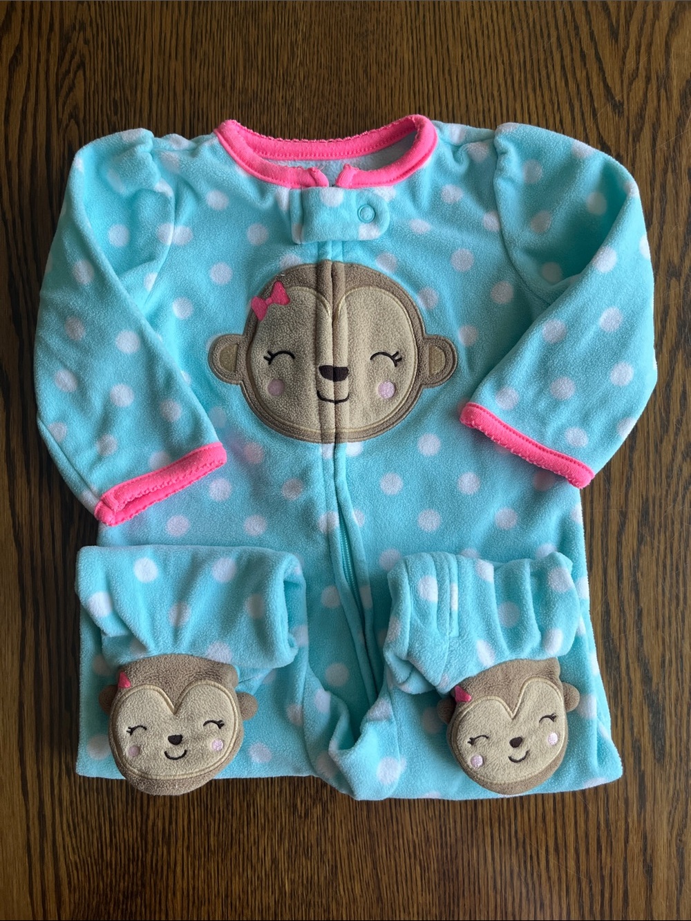 Baby Girl Aqua Polka Dot Monkey Footed One-Piece with Pink Trim